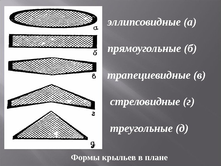 эллипсовидные (а) прямоугольные (б) трапециевидные (в)  стреловидные (г)  треугольные (д) Формы крыльев