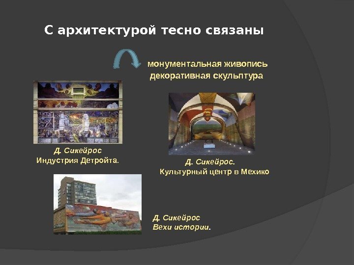 С архитектурой тесно связаны  монументальная живопись декоративная скульптура Д. Сикейрос Индустрия Детройта. Д.