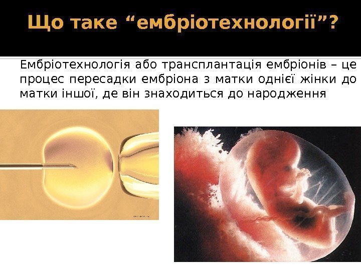 Що таке “ембріотехнології”? Ембріотехнологія або трансплантація ембріонів – це процес пересадки ембріона з матки