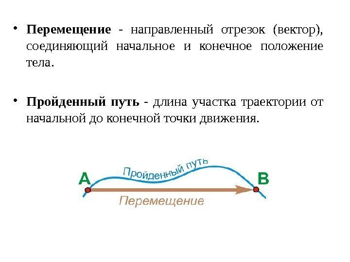  • Перемещение  - направленный отрезок (вектор),  соединяющий начальное и конечное положение