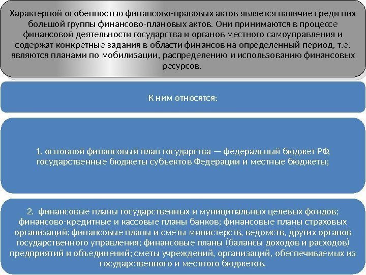 Характерной особенностью финансово-правовых актов является наличие среди них большой группы финансово-плановых актов. Они принимаются