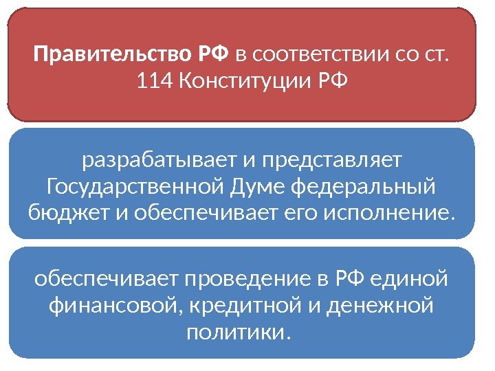 Правительство РФ в соответствии со ст.  114 Конституции РФ разрабатывает и представляет Государственной