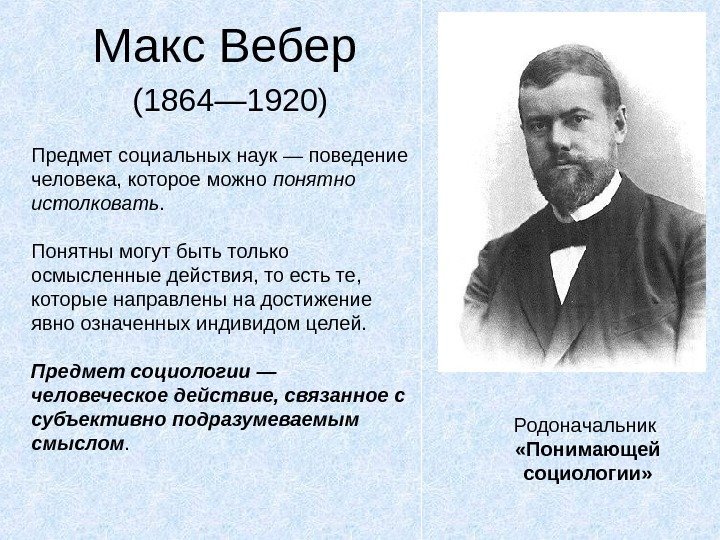   Макс Вебер  (1864— 1920) Предмет социальных наук — поведение человека, которое