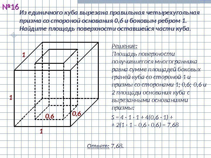 Из единичного куба вырезана правильная четырехугольная призма со стороной основания 0, 6 и боковым