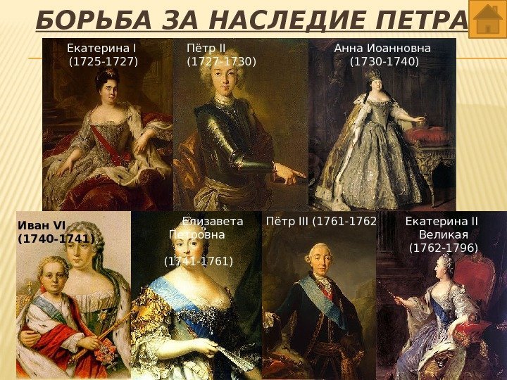 БОРЬБА ЗА НАСЛЕДИЕ ПЕТРА. Екатерина I (1725 -1727) Пётр II (1727 -1730) Анна Иоанновна