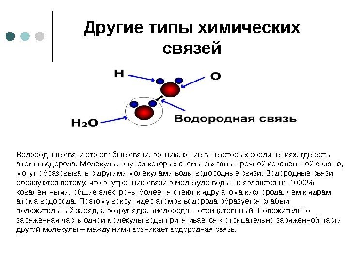 Другие типы химических связей  Водородные связи это слабые связи, возникающие в некоторых соединениях,