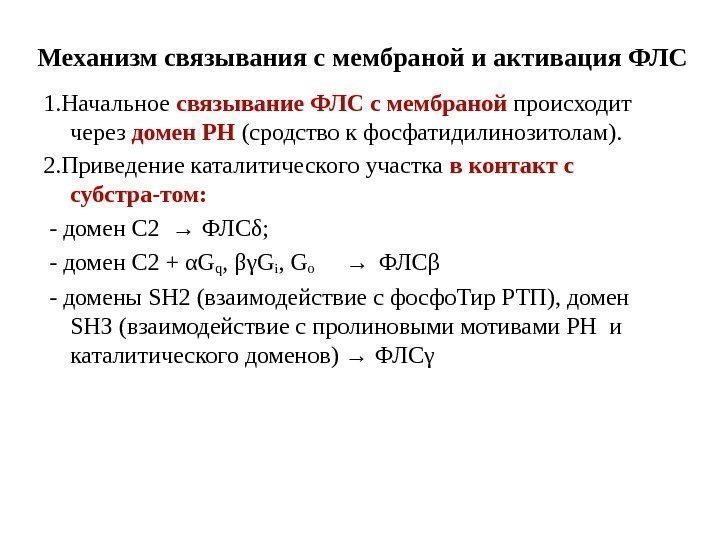 Механизм связывания с мембраной и активация ФЛС 1. Начальное связывание ФЛС с мембраной происходит