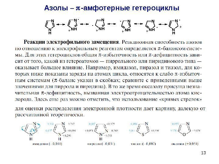13 Азолы –  -амфотерные гетероциклы N N H N N H+ - +-