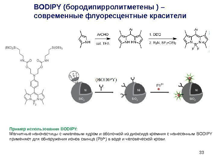 33 BODIPY (бородипирролитметены ) – современные флуоресцентные красители Пример использования BODIPY: Магнитные наночастицы с