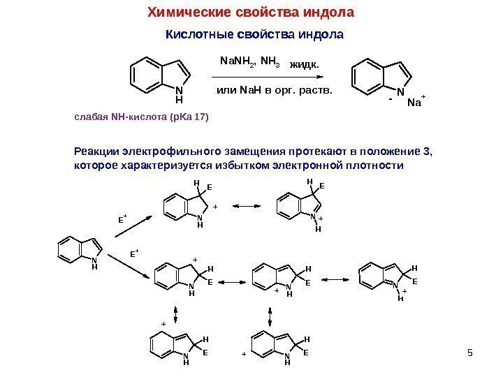 Кислотные свойства индола. N H N Na+ Na. NH 2, NH 3 - жидк.