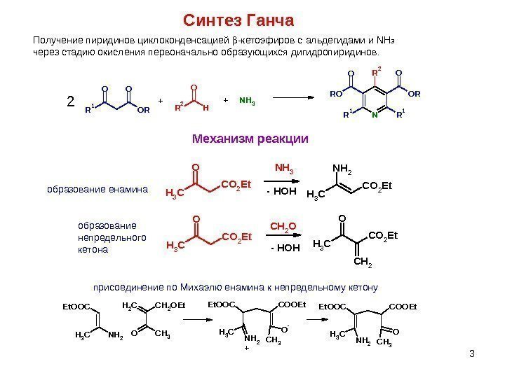 3 Синтез Ганча Получение пиридинов циклоконденсацией  - кетоэфиров с альдегидами и NH 3
