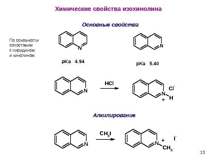 13 Химические свойства изохинолина Основные свойства. N N p. Ka  4. 94 p.