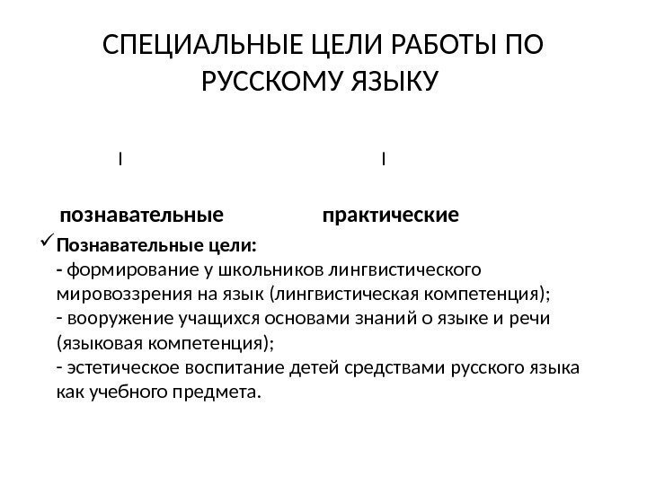 СПЕЦИАЛЬНЫЕ ЦЕЛИ РАБОТЫ ПО РУССКОМУ ЯЗЫКУ    I    