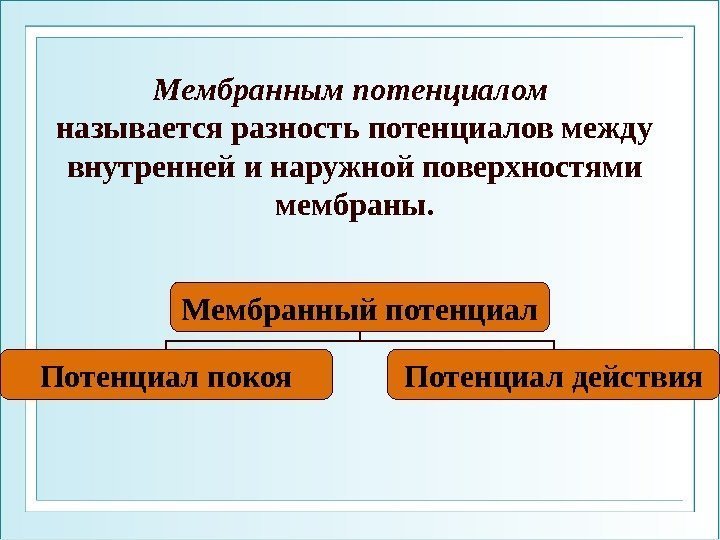 Мембранным потенциалом  называется разность потенциалов между внутренней и наружной поверхностями мембраны. Мембранный потенциал