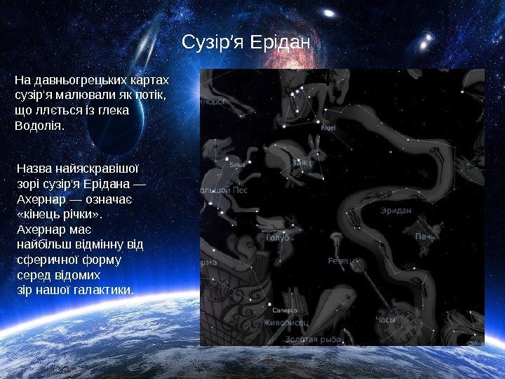 Сузір′я Ерідан На давньогрецьких картах сузір'я малювали як потік,  що ллється із глека