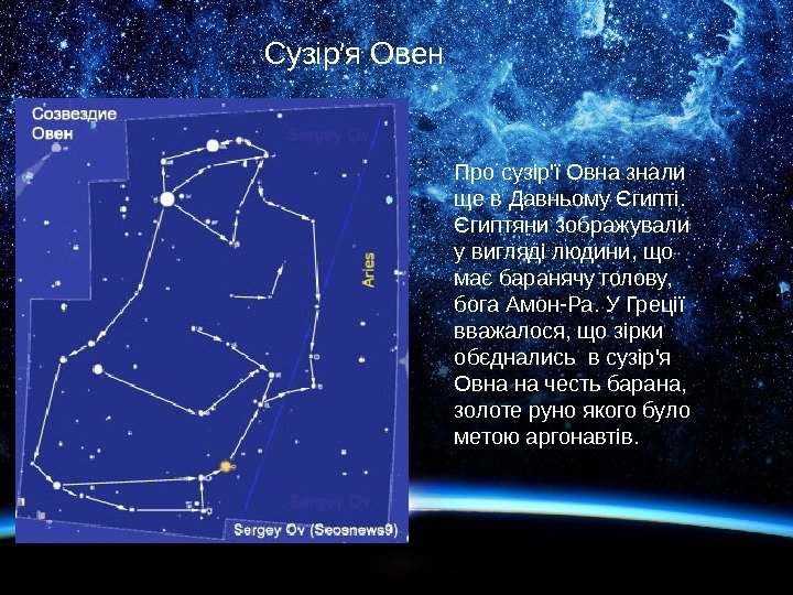 Сузір′я Овен Про сузір'ї Овна знали ще в Давньому Єгипті.  Єгиптяни зображували у
