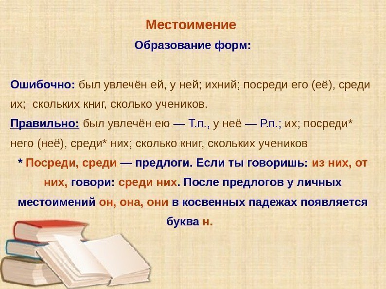 Местоимение Образование форм: Ошибочно:  был увлечён ей, у ней; ихний; посреди его (её),