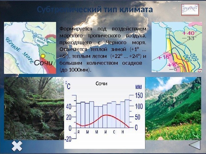 Субтропический тип климата Формируется под воздействием морского тропического воздуха,  приходящего с Черного моря.