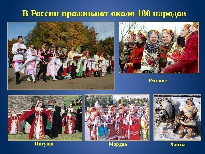 В России проживают около 180 народов Мордва. Ингуши Ханты. Русские 