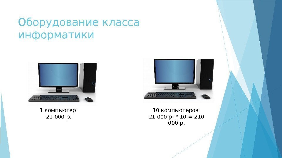 Оборудование класса информатики 10 компьютеров 21 000 р. * 10 = 210 000 р.