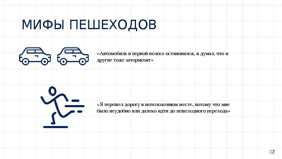 МИФЫ ПЕШЕХОДОВ «Автомобильвпервойполосеостановился, ядумал, чтои другие тожезатормозят»  « Яперешелдорогувнеположенномместе, потомучтомне было неудобноилидалекоидтидопешеходногоперехода» 12