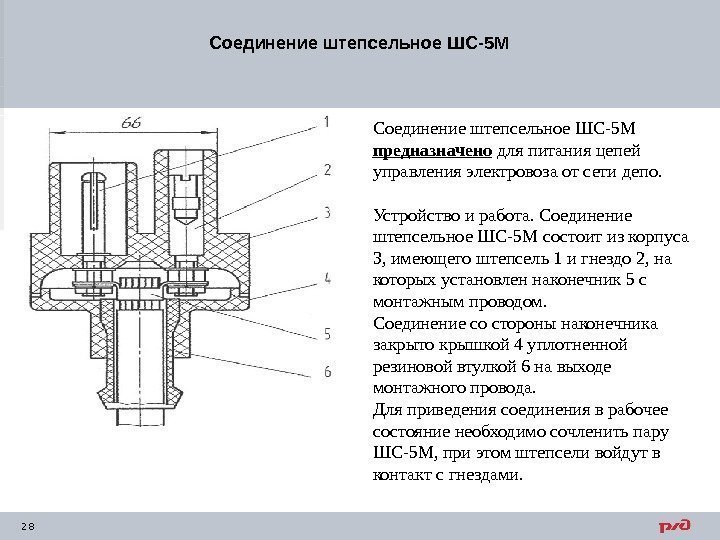 28 Соединение штепсельное ШС-5 М предназначено для питания цепей управления электровоза от сети депо.