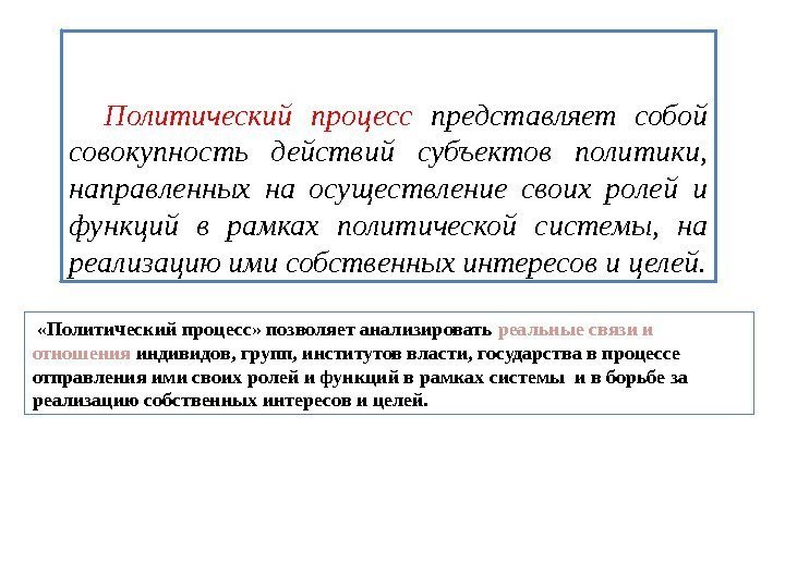   Политический процесс представляет собой совокупность действий субъектов политики,  направленных на осуществление