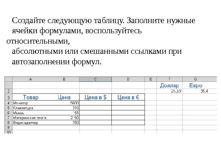 Создайте следующую таблицу. Заполните нужные ячейки формулами, воспользуйтесь относительными,  абсолютными или смешанными ссылками