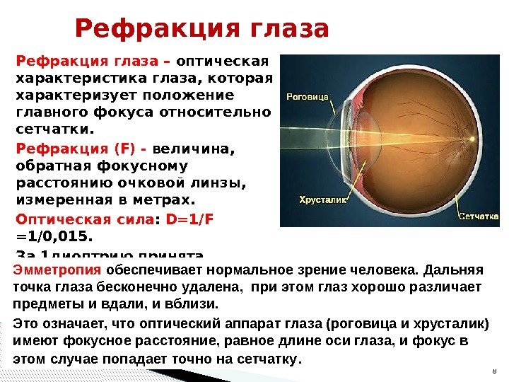 Рефракция глаза – оптическая характеристика глаза, которая характеризует положение главного фокуса относительно сетчатки. 