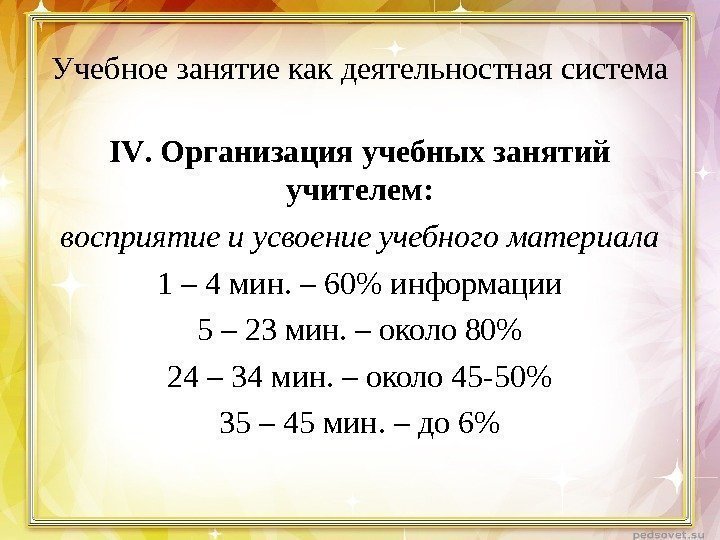 Учебное занятие как деятельностная система IV. Организация учебных занятий учителем: восприятие и усвоение учебного