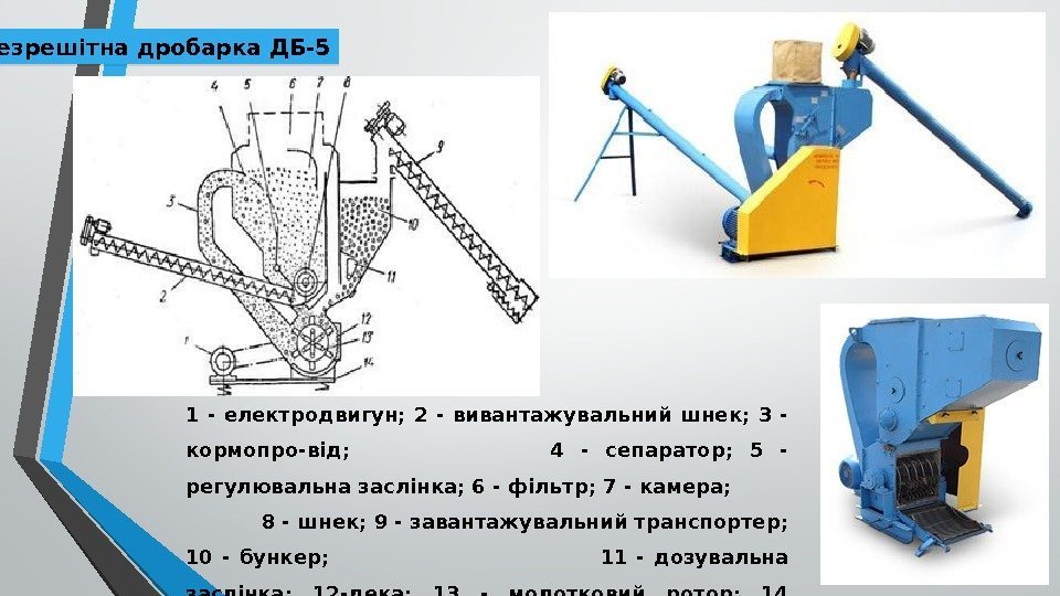  Безрешітна дробарка ДБ-5 1 - електродвигун;  2 - вивантажувальний шнек;  3