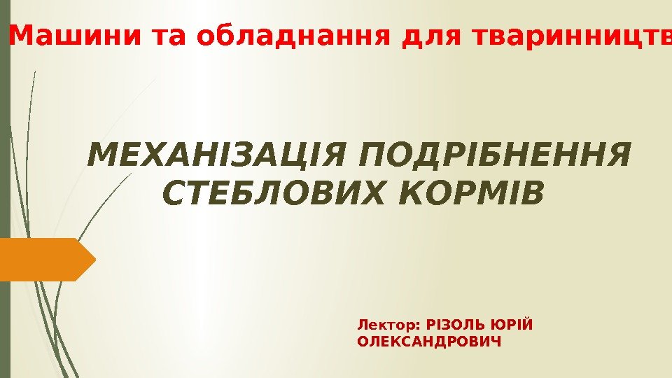 МЕХАНІЗАЦІЯ ПОДРІБНЕННЯ СТЕБЛОВИХ КОРМІВ Лектор: РІЗОЛЬ ЮРІЙ ОЛЕКСАНДРОВИЧМашини та обладнання для тваринництва  