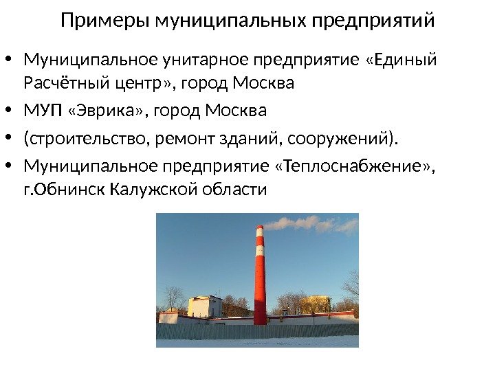 Примеры муниципальных предприятий • Муниципальное унитарное предприятие «Единый Расчётный центр» , город Москва •