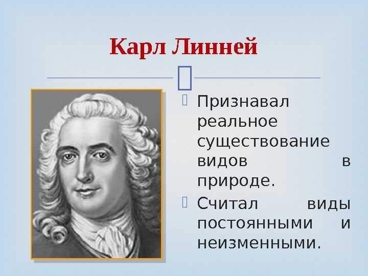 Карл Линней Признавал реальное существование видов   в природе.  Считал виды постоянными