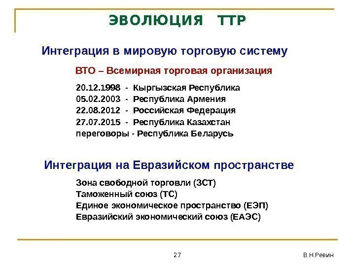 27 В. Н. Ревин. ЭВОЛЮЦИЯ  ТТР Интеграция в мировую торговую систему ВТО –