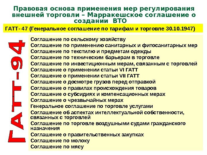 Правовая основа применения мер регулирования внешней торговли – Марракешское соглашение о создании ВТО 