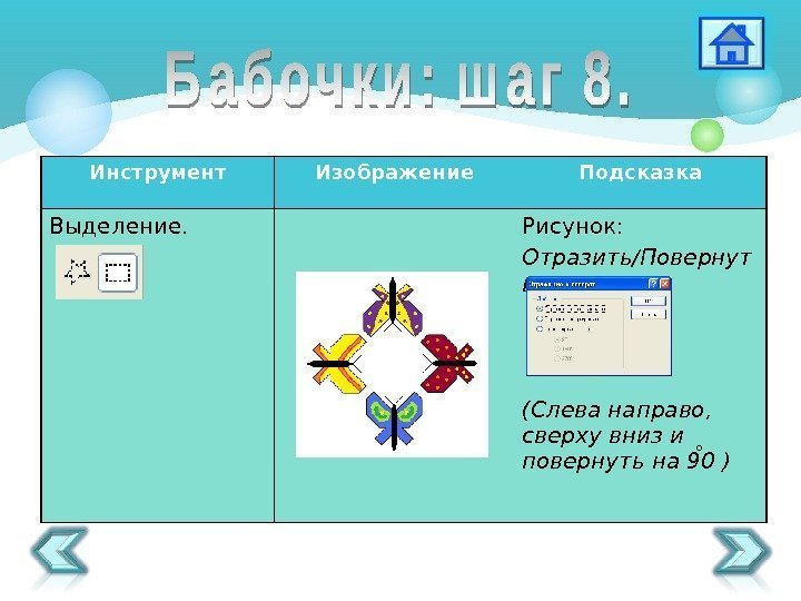 Инструмент Изображение Подсказка Выделение. Рисунок: Отразить/Повернут ь (Слева направо,  сверху вниз и повернуть