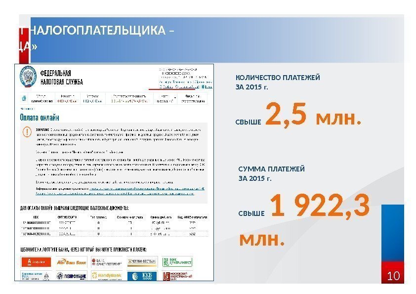 10 СУММА ПЛАТЕЖЕЙ ЗА 2015 г.  СВЫШЕ  1 922, 3 млн. КОЛИЧЕСТВО