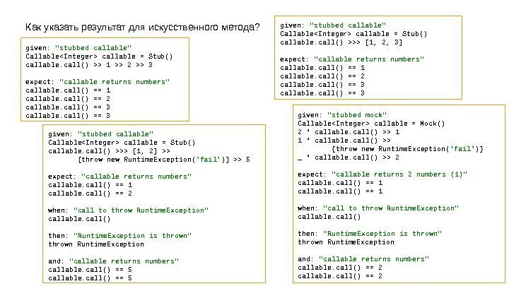 Как указать результат для искусственного метода? given :  stubbed callable CallableInteger callable =