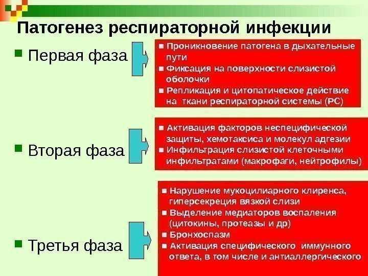 Патогенез респираторной инфекции Первая фаза Вторая фаза Третья фаза ■  Активация факторов неспецифической