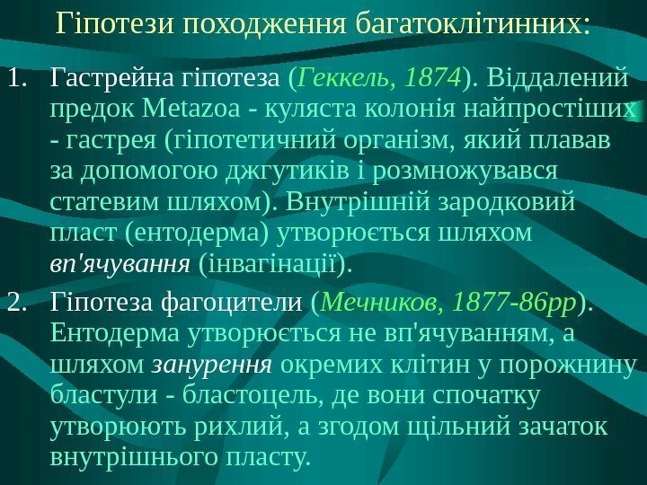 Гіпотези походження багатоклітинних: 1. Гастрейна гіпотеза ( Геккель, 1874 ). Віддалений предок Metazoa -