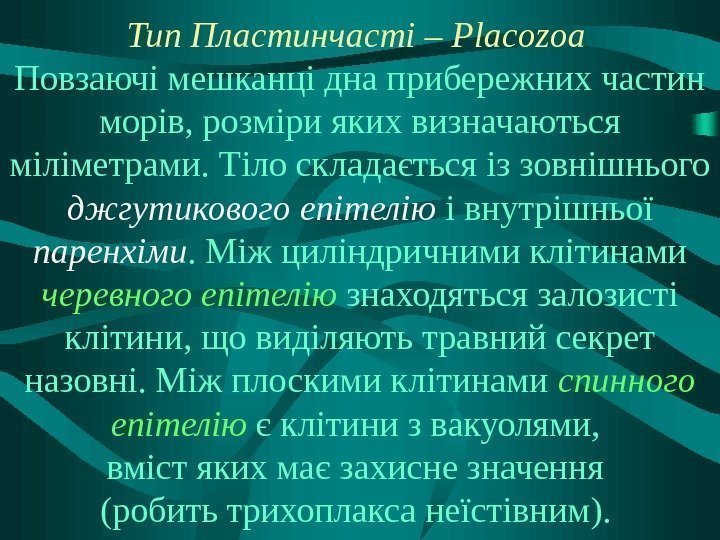 Тип Пластинчасті – Placozoa  П овзаючі мешканці дна прибережних частин морів, розміри яких