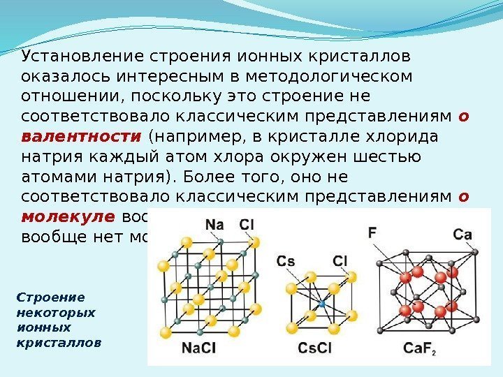 Установление строения ионных кристаллов оказалось интересным в методологическом отношении, поскольку это строение не соответствовало