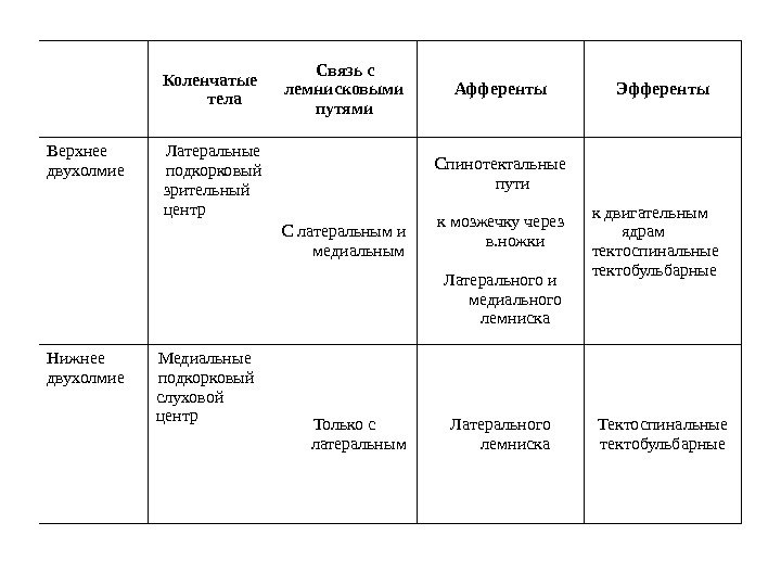  Коленчатые тела Связь с лемнисковыми путями Афференты Эфференты Верхнее двухолмие Латеральные  подкорковый