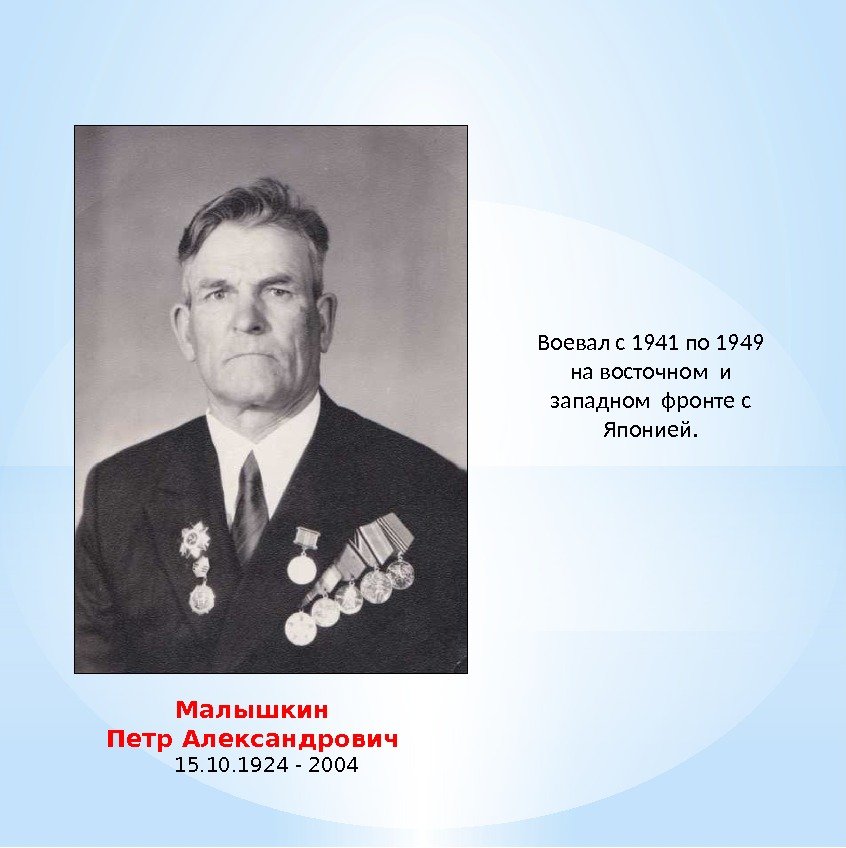 Малышкин Петр Александрович 15. 10. 1924 - 2004 Воевал с 1941 по 1949 на