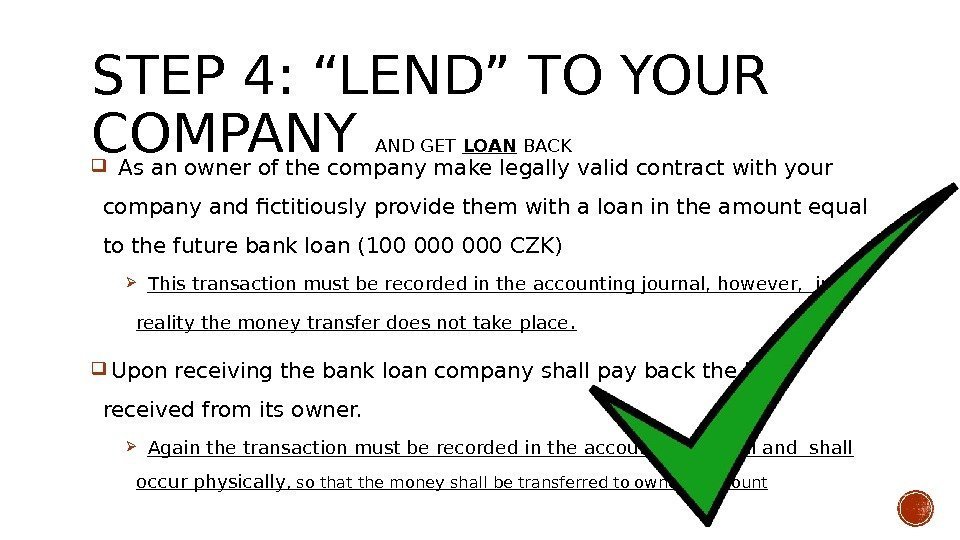 STEP 4: “LEND” TO YOUR COMPANY AND GET LOAN BACK As an owner of
