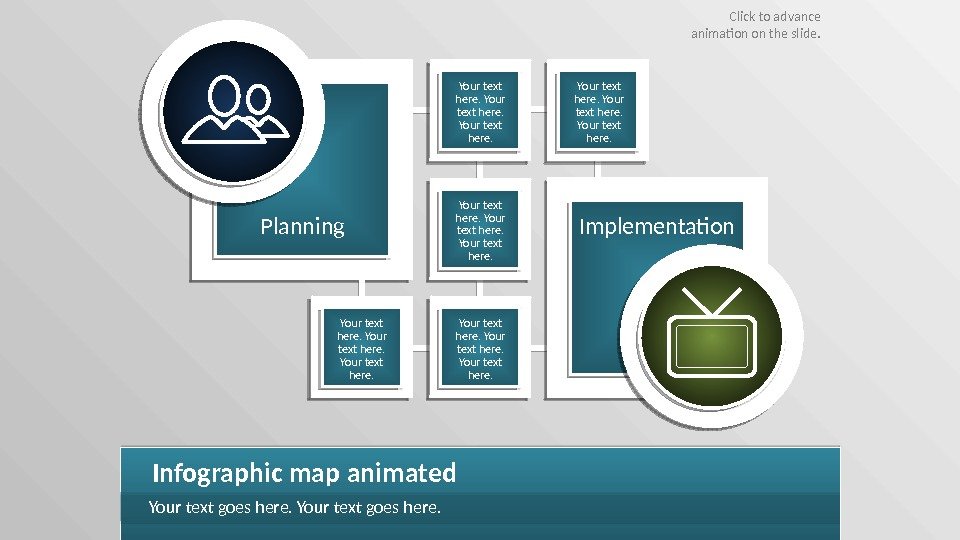 Planning Implementation Infographic map animated Your text goes here. Your text here. Click to