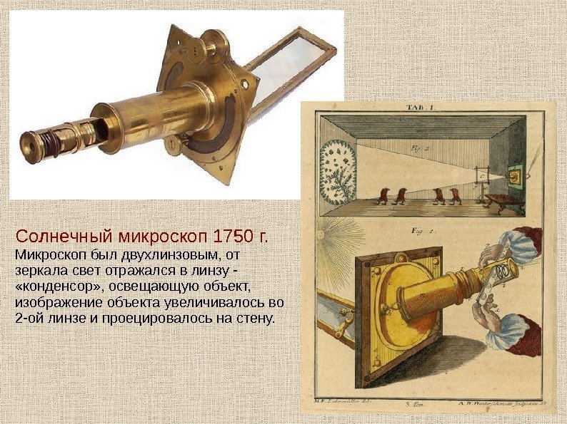   Солнечный микроскоп 1750 г.  Микроскоп был двухлинзовым, от зеркала свет отражался