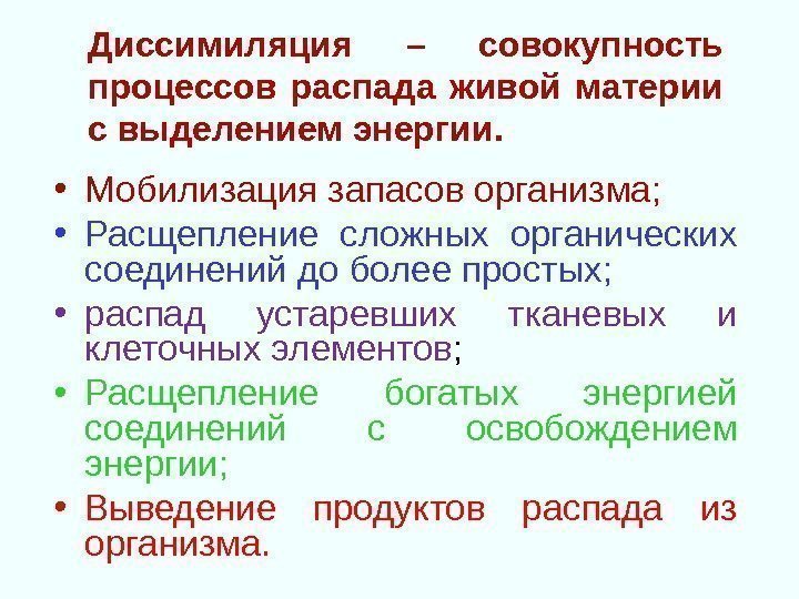 Диссимиляция – совокупность процессов распада живой материи с выделением энергии.  • Мобилизация запасов