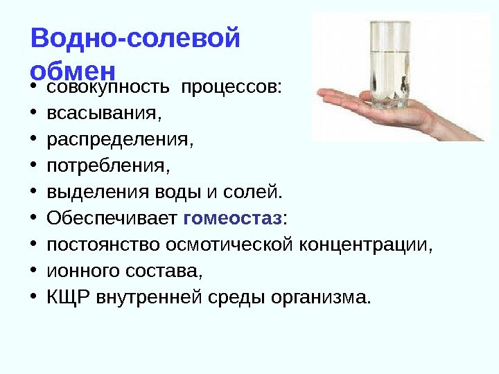 Водно-солевой обмен • совокупность процессов:  • всасывания,  • распределения,  • потребления,